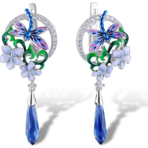 Delicate Silver Dangle Drop Earrings for Women Crystal Elegant Temperament Enamel Flower Dragonfly Long Earrings Fashion Jewelry