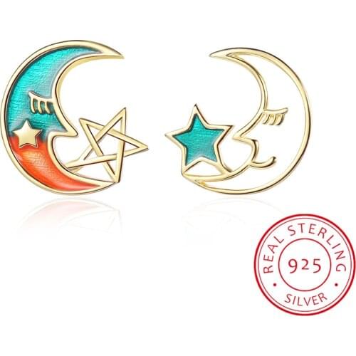 Fresh Moon and Star Stud Earrings for Women 100% Real 925 Sterling Silver Wedding Engagement Statement Jewelry SCE875