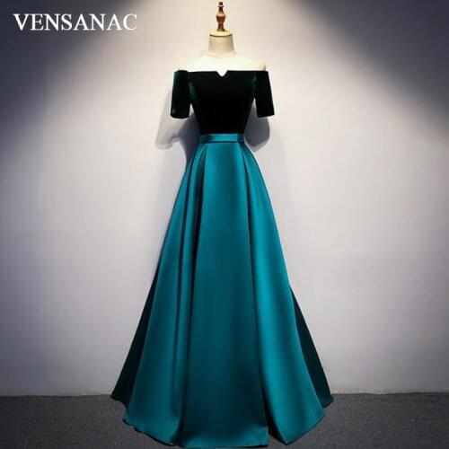 VENSANAC 2018 Velour Boat Neck Satin A Line Long Evening Dresses Party Short Sleeve Sash Lace Up Back Prom Gowns