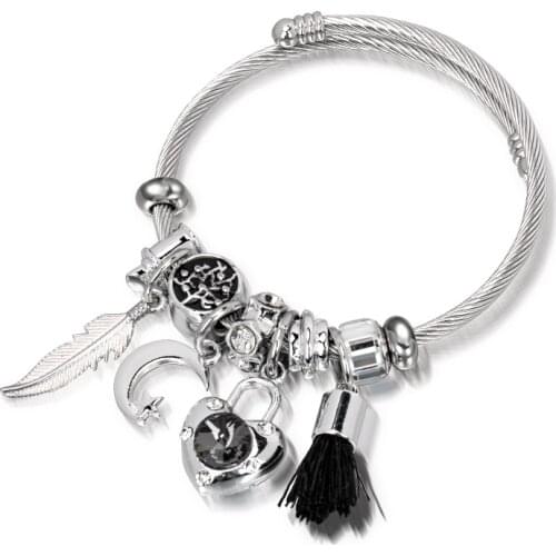 Bohemian Style Tassel Feather Silver Color Women Bracelets Fashion Stars Moon Sweet Love Lock Bracelet Jewelry Femme Bangles New