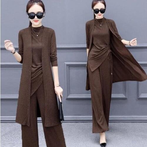 Knitted 3 Pieces Set Women Tracksuit Long Sleeve Cardigan Pullover Tops Wide Leg Pants Suit Womens Sets Brown Office Elegant