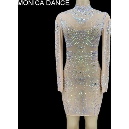 Women Sexy Stage AB Rhinestone Transparent Short Dress Nightclub Birthday Wedding Celebrate Prom Party Costume Dancer Dress