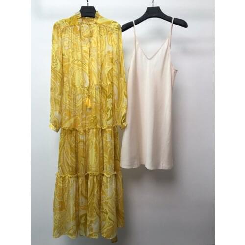 Fashion 2021 New Ladies Long Sleeve V-Neck Tie Silk Printed Dress 0108