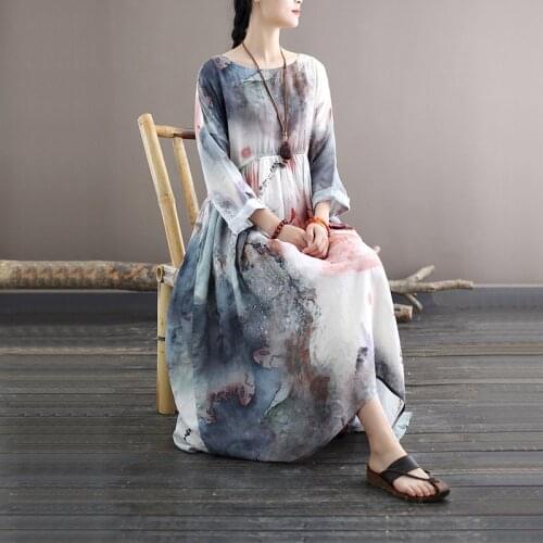 Women Loose Ramie Printed Vintage Chinese Style Dress Ladies Summer Autumn Dress Female 2021 Ramie Dresses