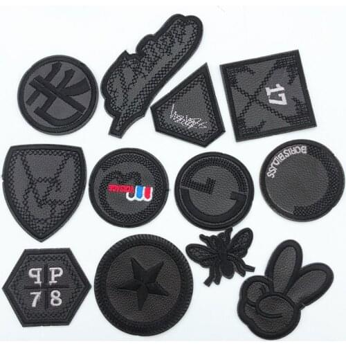 120pcs Patches For Clothes Iron On Black PU Leather Appliques Badge Military EmbroideryLeiao Craft
