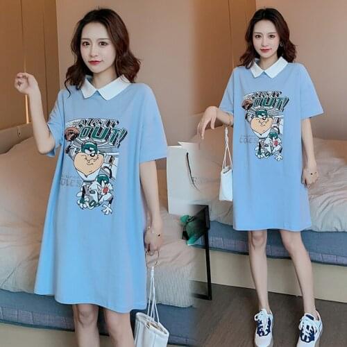 6003# Maternity Clothes Summer Cotton Letter Printing Turn Down Collar T Shirt Dress