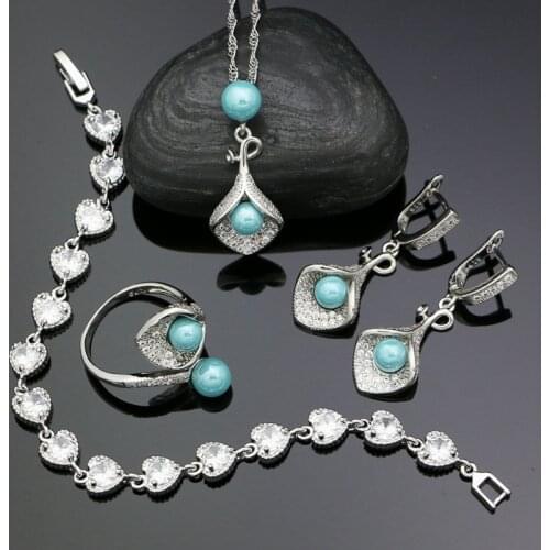 925 Silver Jewelry Sets For Women White Cubic Zirconia Blue Pearls Beads Earrings Necklace Pendant Open Ring CZ Bracelet