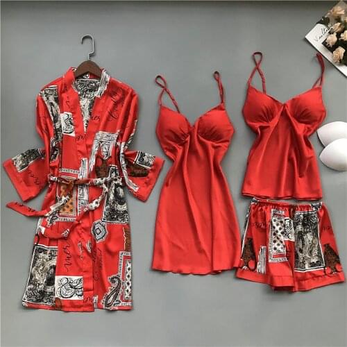 FZSLCYIYI Elegant Sexy Printed Fashion Homewear Spring Autumn 4 Pcs Women Nightwear Faux Silk Pajamas Sleepwear With Chest Pads