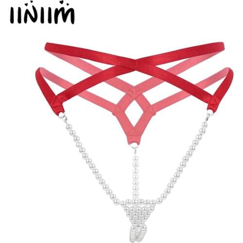 Iiniim Womens Femme Lady Erotic Mini Lingerie Panties Slip Hommes T-Back Open Butt Pearl G-String Thong Wedding Night Underwear