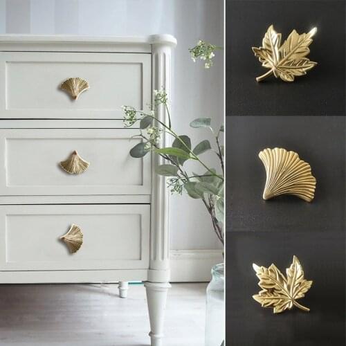 Maple Leaf Ginkgo Handles Door Knobs Brass for Cabinet Kitchen Furniture Cupboard Drawer Dresser Pulls Leaves Shape Handles