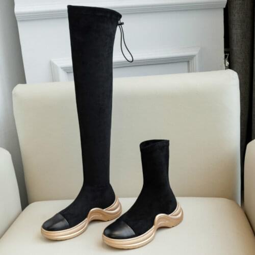 Genuine leather autumn and winter fashion thick-soled thick-soled long-tube elastic over-the-knee womens boots plus size35-41