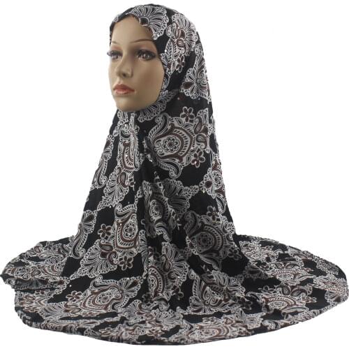 Muslim Woman Girls Hijab Islamic Scarf Amira Cap Print Flower Pattern Ice Silk Material with Diamond Wholesale