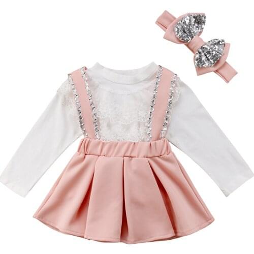 2018 New Brand Toddler Kids Girls White Long Sleeve Lace Tops Sequin Strap Skirt Headband 3Pcs Outfits Set Clothes 1-6T