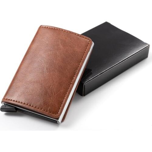 New Antitheft Card Holder Automatic Credit Card ID Holders Vintage Aluminum Card Case Pu Leather Rfid Blocking Mini Wallet
