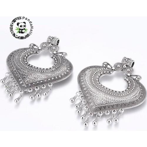 Pandahall 2pc Tibetan Style Alloy Pendants, Heart, Ethic Style, 98x74x10mm, Hole: 7mm