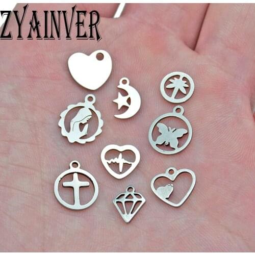 20pcs/lot Stainless Steel Love Moon Star Heart Cross Virgin Butterfly Diamond Floating Charms DIY Jewelry Making Necklace Crafts