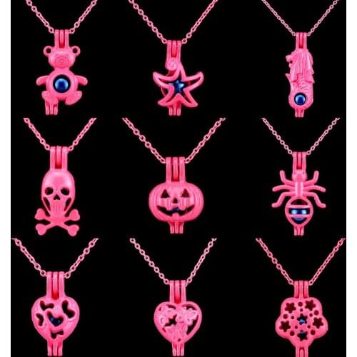 Pink Mixed Flower Heart Bear Pumpkin Skull Star Beads Cage Essential Oil Diffuser Oyster Pearl Cage Locket Pendant Necklace