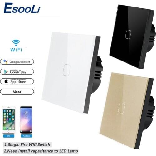 EsooLi Touch Switch Smart Home 220v Wall interruptor 1 Gang 1 Way wifi light switch EU Standard Work with Alexa Google Home