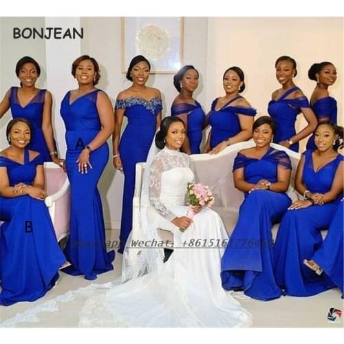 Blue Bridesmaid Dresses V Neck Floor Length Elastic Satin African Bridesmaid Dress Plus Size for Women Wedding