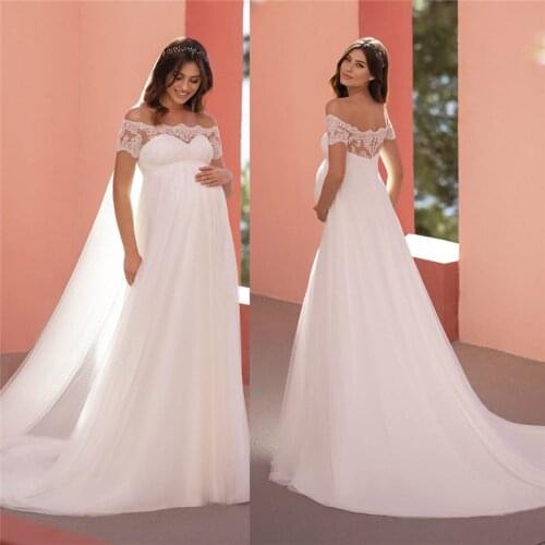 Modest Short Sleeves Empire Waist Pregnant Women Wedding Dress White Soft Tulle Custom Bridal Gowns Formal Bride Dress