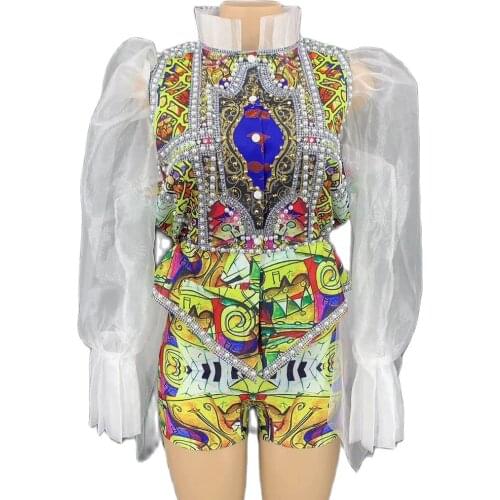Rhinestones Pattern Printing Three-Piece Suit Theatrical Costume Women Puff Mesh Sleeve Coat Trailing Decoration Tight Shorts