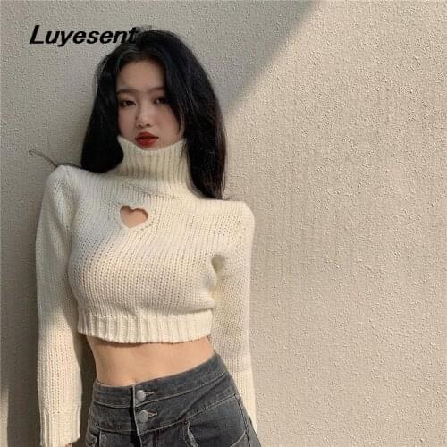 Black White Red Sweet Girl Pullover Sweater Lady Heart Hollow Out Turtleneck Short Length Knit Sweaters Korean Fashion Clothes