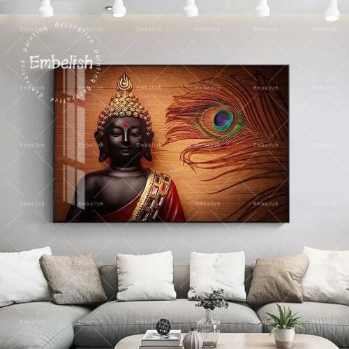 Embelish 1 Pieces Buddha With Golden Feather HD Print On Canvas Paintings For Living Room Home Decor Pictures Wall Art Posters