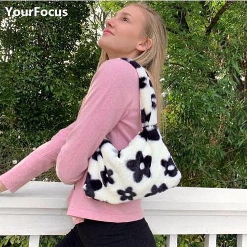 Vintage retro cute plush hairy flower pattern soft handbag baguette bag sweet mini underarm bag