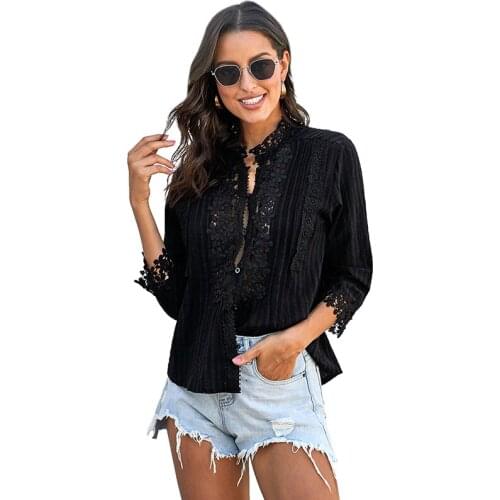 Women Turtleneck Elegant Lace Button Blouses Shirt New Women Clothing Hollow Out Summer Streetwear Elegant Solid Color Ladies