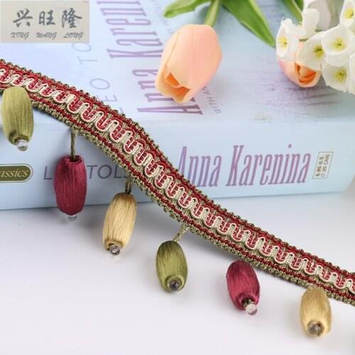 XWL 12M/Lot Curtain Lace Accessories Three Color Wood Beads Lace Tassel Fringe Trim Ribbon DIY Curtain Sofa Valance Home Decor