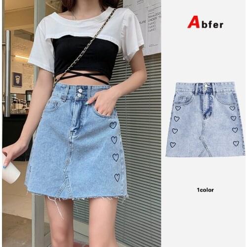 Abfer Plus Size 5XL For Women 's Love Embroidered Denim Skirt Summer Korean Fashion Mini Skirts High-waisted Short Skirts Y2K