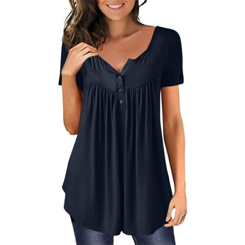 Women Casual Harajuku T-Shirt Short Sleeve Tops Summer Solid V Neck Clothes Button Pleated Vintage Clothes Tee Dropshipping P5