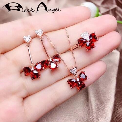 BLACK ANGEL 925 Silver Ruby Heart Shaped Red Crystal CZ Four Clover Necklace Drop Earrings Resizable Ring For Women Jewelry Set