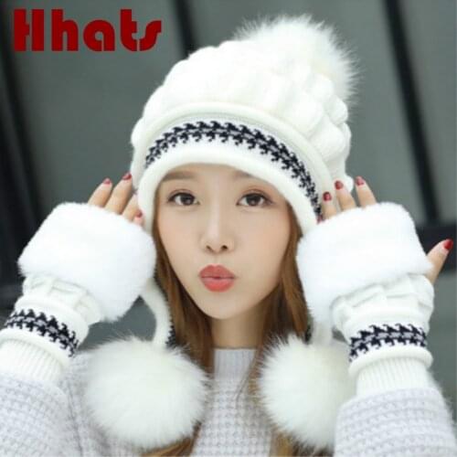 Faux Fur Winter Hat Gloves Sets Solid Thick Warm Earflap Women Cap Gloves Set Fashion Outdoor Windproof Ear Flap Beanie Bonnet