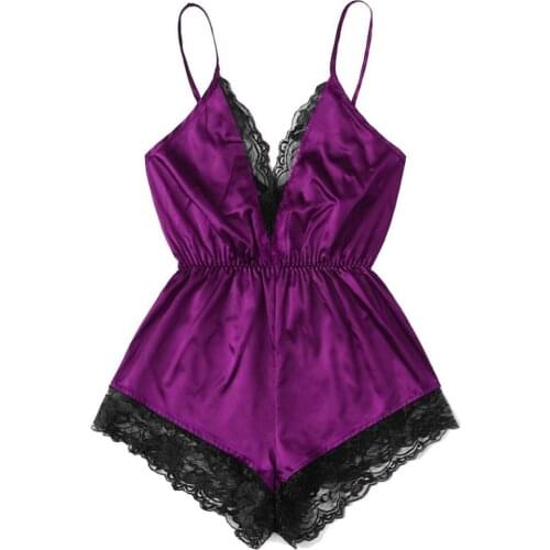 Women Sexy Nightwear Sleeping Romper Lace Patchwork Deep V-Neck Sling Night Bedroom Bodysuit