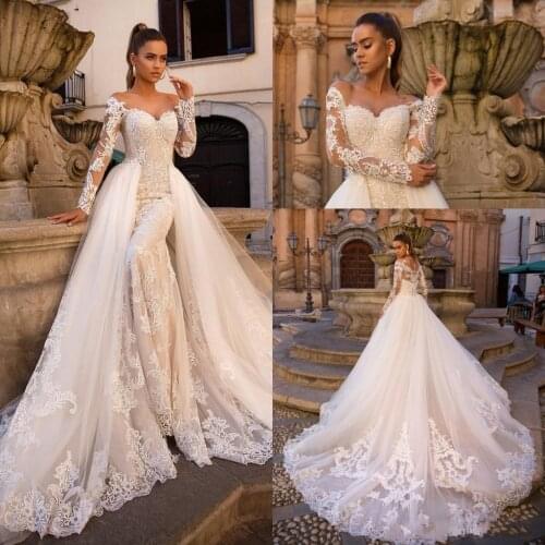 2021 Sexy Champagne Mermaid Wedding Dresses Sweetheart Off Shoulder Illusion Neck Lace Appliques Tulle Detachable Train