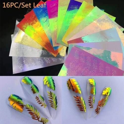16colors/set Leaf Nail Foil Sticker Holographic Laser Neon Colorful Leaves Designs 3D Nail Art Sticker Nail Decal Accessories