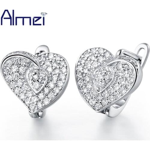 Almei Sliver Color Rhinestone Earring Ear Stud For Women Shiny Heart Earring Micro Pave Zircon Jewelry Ohrring Aretes R135