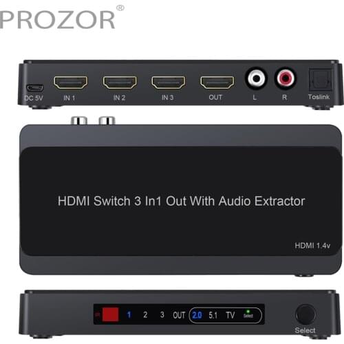 Proster 4K 3 Port HDMI Switch with HDMI Audio Extractor DAC Converter Analog Optical Toslink SPDIF Output 4K 3D 1080P PIP