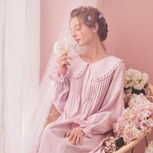 Free Shipping 2017 New Autumn Womens Long Vintage Pijamas Purple and Pink Nightshirt Lace Sleepwear Cotton Princess Nightgown