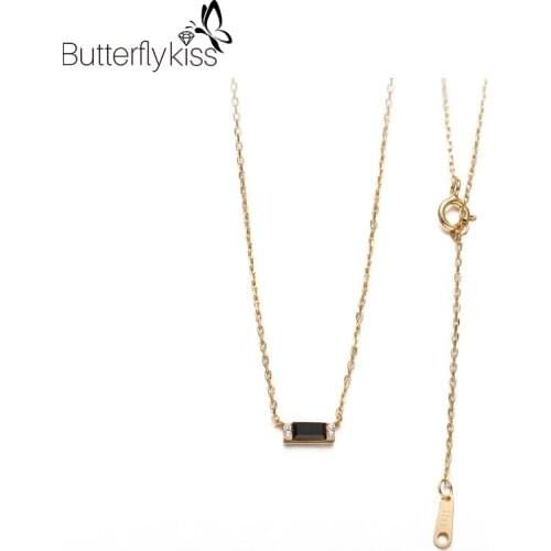 BK Women Natural Crystal Pendants Necklace For Girl 925 Sterling Silver Rectangular Black Agate Wedding Engagement Jewelry