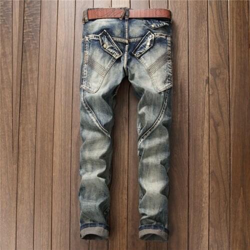 European Style Mens Jeans Punk Biker Trousers Male Streetwear Personalized Straight Leg Vintage Slim Fit Denim Pants Men Clothes