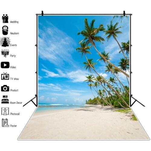 Laeacco Summer Sea Backdrops Blue Sky White Clouds Beach Palms Trees Baby Portrait Photography Backgrounds Room Decor Photozone