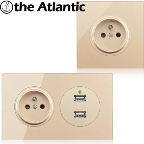 FR France Power Socket With Dual USB Charger Double Socket Poland Czech Slovakia Belgium Electrical Outlet Gold Glass 146mm