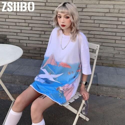 New 2019 Harajuku t shirts bf lazy wind gothic Sea world print trend net red super fire cec summer short sleeve t-shirt women
