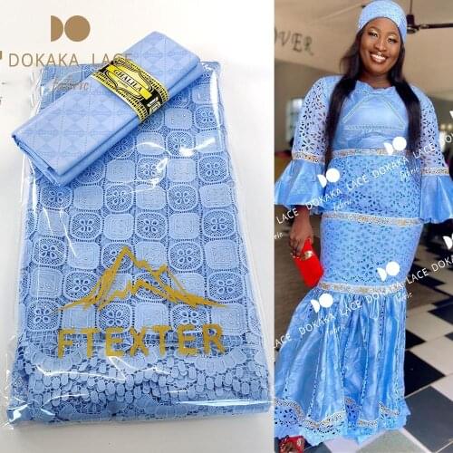 Sky Blue 2.5+2.5 Yards Dry Laces With Bazin Riche Fabrics Swiss Voile Lace For Women Wedding Prom Dress Sewing Cotton Material