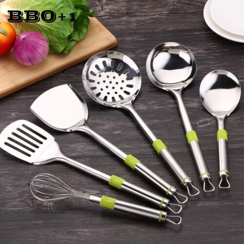 6pcs Kitchen Tool Stainless Steel Kitchenware set Ladle spoon Cookware utensil Set Green Hollow Handle Kitchen Accessories