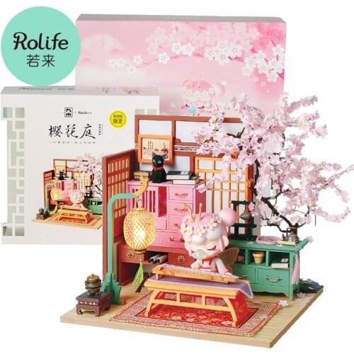 Robotime DIY House For Doll 3D Wooden Miniature Dollhouse With Pink Butterfly Fairy Action Figure Toys Cherry House Building Kit