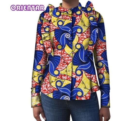 Fashion African Clothes Long Sleeve Shirt Women Africa Wax Print Floral Cotton Tops Shirt Bazin Riche Ruffle Trim Blouse WY4007