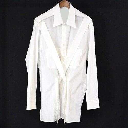 Fashionable mens shirt with woolen side straps for a show of custom-made cotton. S-6XL